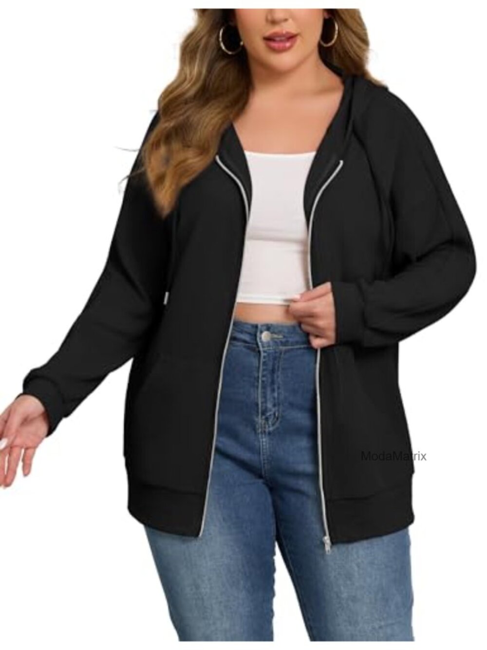 Waffle Knit Full Zip Hoodie Lightweight Plus Size Jacket with Pockets